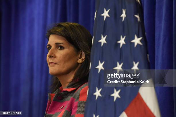 United States Ambassador to the United Nations Nikki Haley attends a media briefing during the United Nations General Assembly on September 24, 2018...