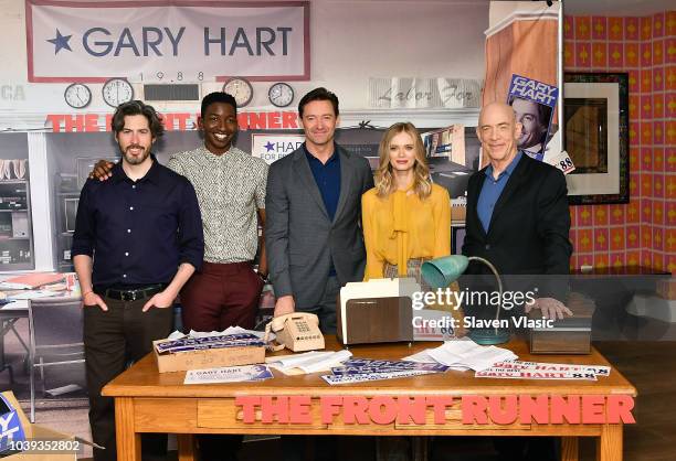 Director Jason Reitman and cast members Mamoudou Athie, Hugh Jackman, Sara Paxton and JK Simmons attend "The Front Runner" Photo Call at Crosby...