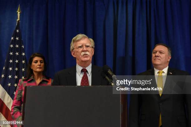 Secretary Of State Mike Pompeo, National Security Adviser John Bolton and United States Ambassador to the United Nations Nikki Haley brief the media...