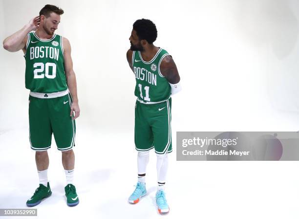 Gordon Hayward and Kyrie Irving talk during a photoshoot on Boston Celtics Media Day on September 24, 2018 in Canton, Massachusetts. NOTE TO USER:...