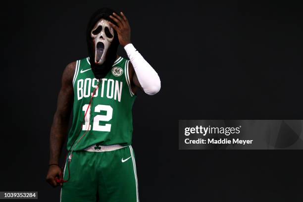 Terry Rozier poses for a photo wearing the Ghostface scream mask during Boston Celtics Media Day on September 24, 2018 in Canton, Massachusetts. NOTE...