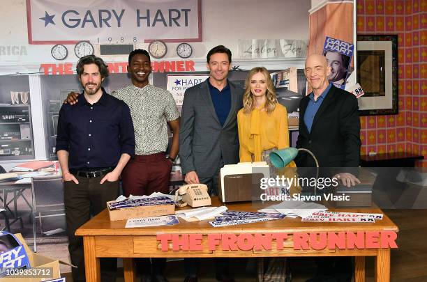 Director Jason Reitman and cast members Mamoudou Athie, Hugh Jackman, Sara Paxton and JK Simmons attend "The Front Runner" Photo Call at Crosby...