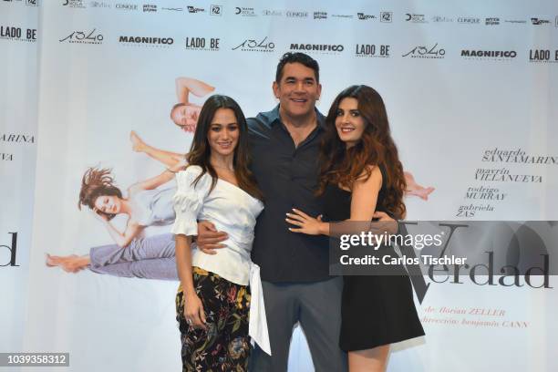 Gabriela Saz, Eduardo Santamarina and Mayrin Villanueva pose during a press conference to promote the theater play 'La Verdad' at Xola Theather on...