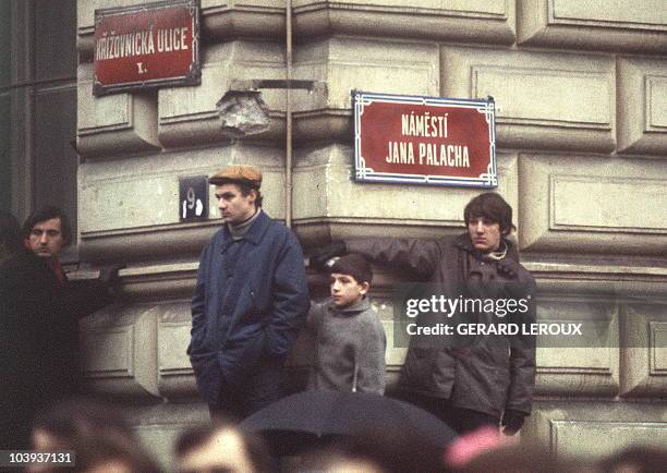 People of what was then Czechoslovakia gather in "Jan Palach square" in Prague old town 25 January 1969 during the funeral of the Czech student who...