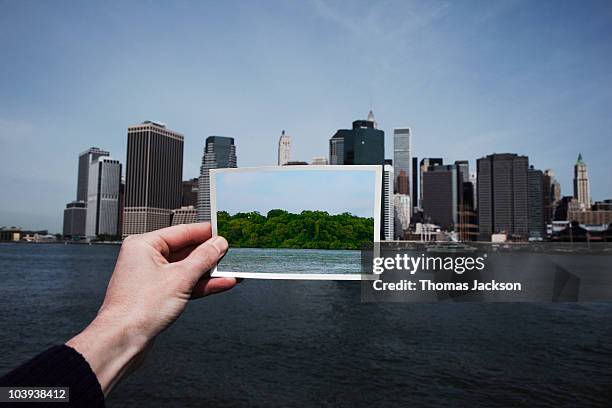 hand holding snapshot of water and trees - vista de la tierra fotografías e imágenes de stock
