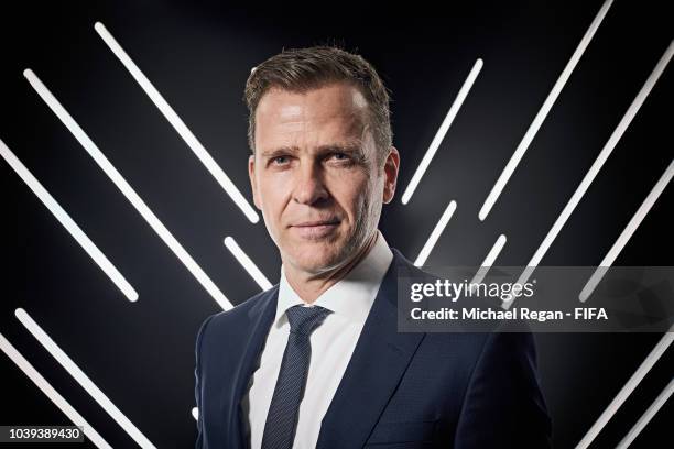 Oliver Bierhoff, Team Manager of Germany is pictured inside the photo booth prior to The Best FIFA Football Awards at Royal Festival Hall on...