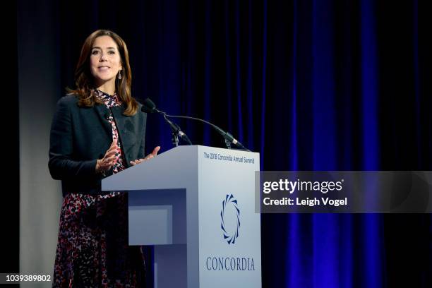 Crown Princess of the Kingdom of Denmark Her Royal Highness Crown Princess Mary of Denmark speaks onstage during the 2018 Concordia Annual Summit -...