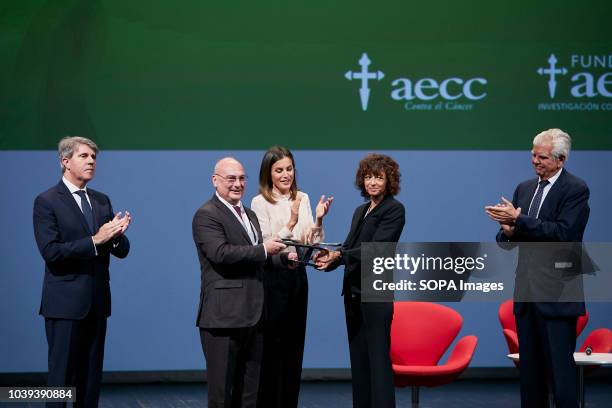 Queen Letizia of Spain seen giving out an award as she attends to 'V de Vida' AECC awards at El Canal Theatre in Madrid.