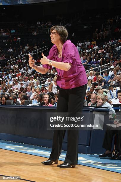 Head Coach Anne Donovan of the New York Liberty gestures during the game against the Atlanta Dream in Game Two of the Eastern Conference Finals...