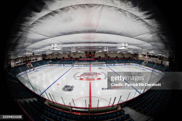 General view of Clinton Arena during preparations for the NHL Kraft Hockeyville USA on September 24, 2018 in Clinton, New York. A preseason NHL game...