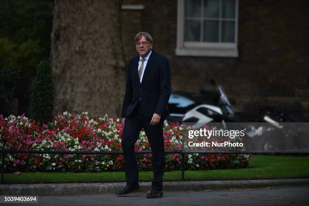 President of the Alliance of Liberals and Democrats Guy Verhofstadt arrives at 10 Downing Street as he holds a talk with Prime Minister Theresa May,...