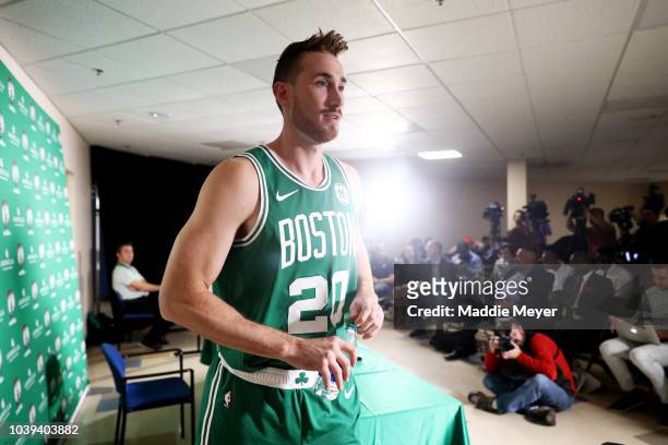 Gordon Hayward exits a press conference on Boston Celtics Media Day on September 24, 2018 in Canton, Massachusetts. NOTE TO USER: User expressly...