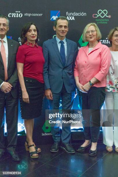 Luz Casal, Elizabeth Blackburn and Pedro Duque attends the 'Presente y Futuro de la Investigación del Cancer' event on September 24, 2018 in Madrid,...