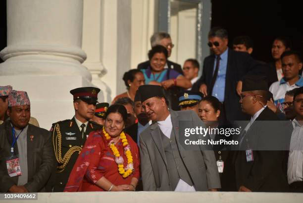 President Bidhya Devi Bhandari speaks with Defence Minister Ishwor Pokhrel during Indra Jatra Festival celebrated at Basantapur Durbar Square,...