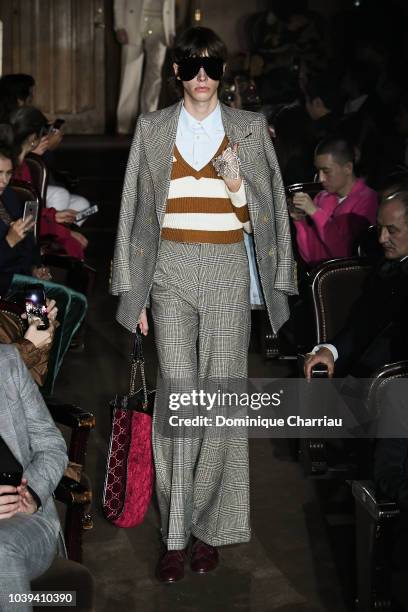 Model walks the runway at the Gucci show during Paris Fashion Week Spring/Summer 2019 on September 24, 2018 in Paris, France.