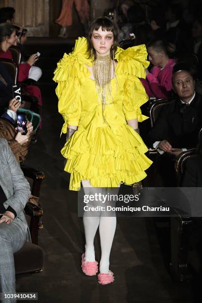 Model walks the runway at the Gucci show during Paris Fashion Week Spring/Summer 2019 on September 24, 2018 in Paris, France.