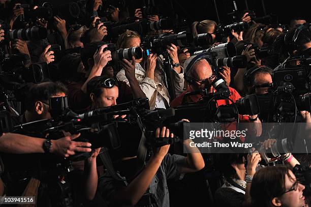 Cameras and press during the Project Runway Spring 2011 fashion show during Mercedes-Benz Fashion Week at The Theater at Lincoln Center on September...