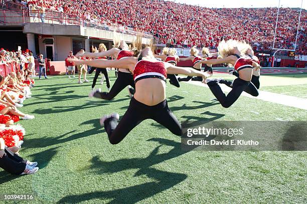 Nebraska cheerleaders on field during game vs Western Kentucky. Lincoln, NE 9/4/2010 CREDIT: David E. Klutho