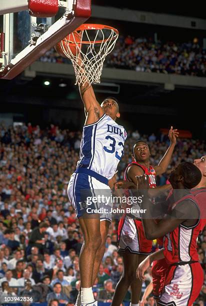 Playoffs: Duke Grant Hill in action, dunk vs St. John's University. Pontiac, MI 3/22/1991 CREDIT: John Biever