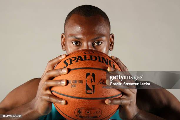 Bismack Biyombo poses for a portrait during the Charlotte Hornets Media Day at the Spectrum Center on September 24, 2018 in Charlotte, North Carolina.