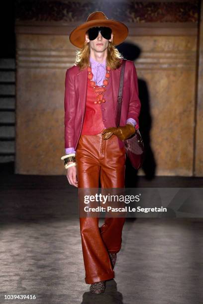 Model walks the runway at the Gucci show during Paris Fashion Week Spring/Summer 2019 on September 24, 2018 in Paris, France.