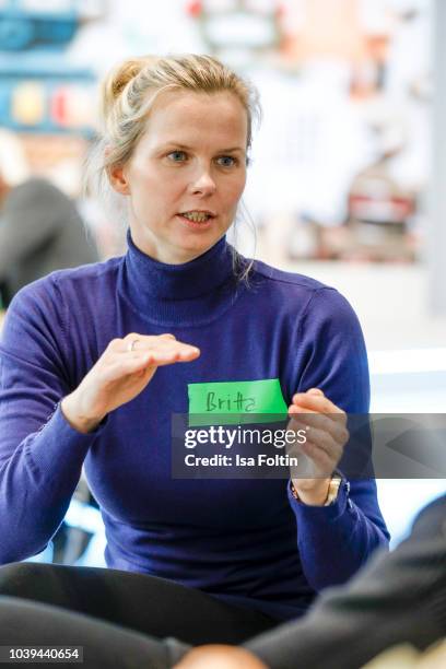 Former German swim olympic gold medalist Britta Steffen during the kids workshop 'Driven by Kids' hosted by Volkswagen AG at DRIVE Volkswagen Group...