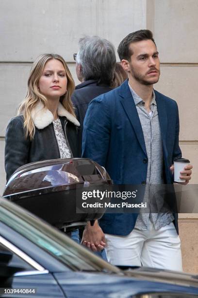 Actress Melissa Benoist and Chris Wood are seen strolling on Rue Saint Honore on September 24, 2018 in Paris, France.