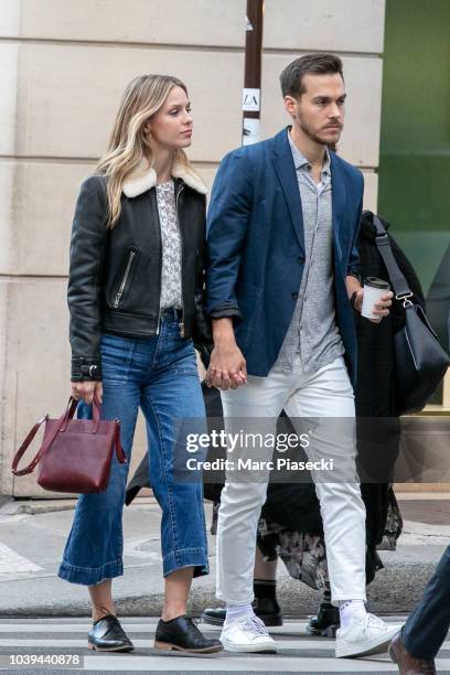 Actress Melissa Benoist and Chris Wood are seen strolling on Rue Saint Honore on September 24, 2018 in Paris, France.