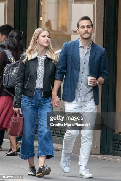 Actress Melissa Benoist and Chris Wood are seen strolling on Rue Saint Honore on September 24, 2018 in Paris, France.