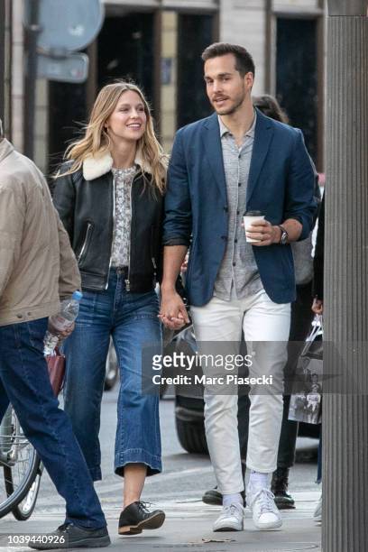 Actress Melissa Benoist and Chris Wood are seen strolling on Rue Royale on September 24, 2018 in Paris, France.