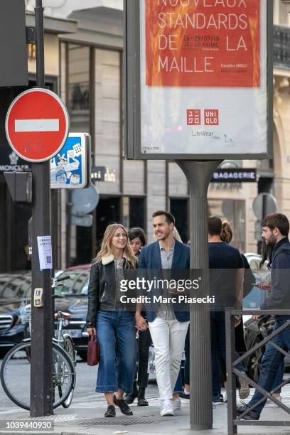 Actress Melissa Benoist and Chris Wood are seen strolling on Rue Royale on September 24, 2018 in Paris, France.