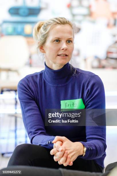 Former German swim olympic gold medalist Britta Steffen during the kids workshop 'Driven by Kids' hosted by Volkswagen AG at DRIVE Volkswagen Group...