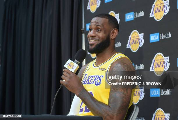 LeBron James responds to questions at his press conference on the Los Angeles Lakers' Media Day in Los Angeles, California, September 24, 2018. - The...