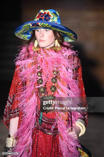 Model walks the runway at the Gucci show during Paris Fashion Week Spring/Summer 2019 on September 24, 2018 in Paris, France.