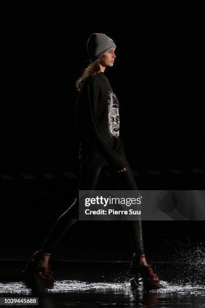 Model Kaia Gerber is seen at the rehearsal of the Saint Laurent show at the Trocadero on September 24, 2018 in Paris, France.