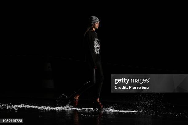 Model Kaia Gerber is seen at the rehearsal of the Saint Laurent show at the Trocadero on September 24, 2018 in Paris, France.