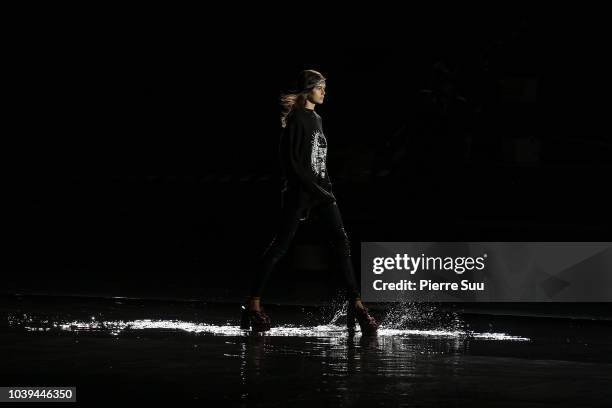 Model Kaia Gerber is seen at the rehearsal of the Saint Laurent show at the Trocadero on September 24, 2018 in Paris, France.