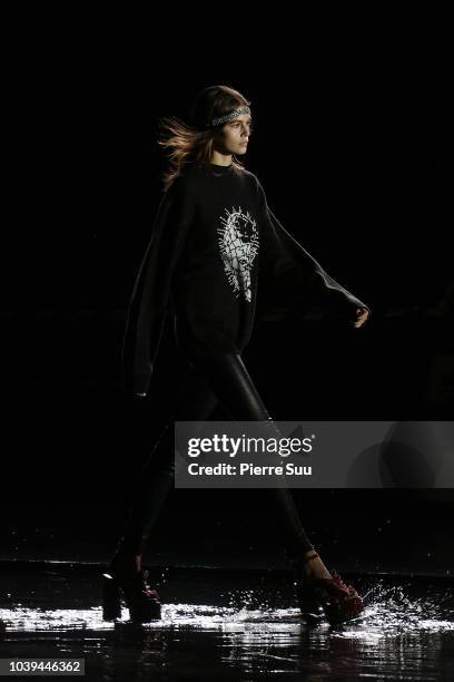 Model Kaia Gerber is seen at the rehearsal of the Saint Laurent show at the Trocadero on September 24, 2018 in Paris, France.