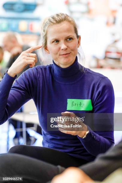 Former German swim olympic gold medalist Britta Steffen during the kids workshop 'Driven by Kids' hosted by Volkswagen AG at DRIVE Volkswagen Group...