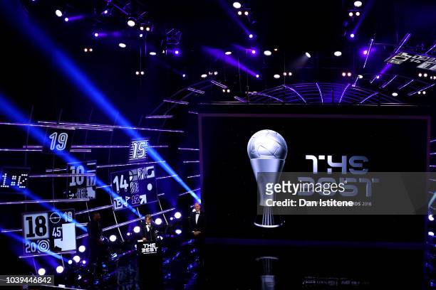 General view inside the auditorium as Luka Modric of Real Madrid receives the trophy for The Best FIFA Men's Player 2018 during the The Best FIFA...