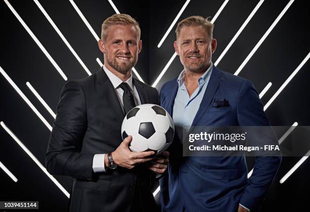 Kasper Schmeichel of Denmark and Leicester City and Peter Schmeichel are pictured inside the photo booth prior to The Best FIFA Football Awards at...