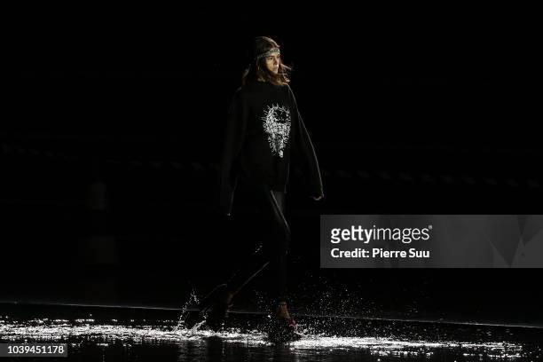 Model Kaia Gerber is seen at the rehearsal of the Saint Laurent show at the Trocadero on September 24, 2018 in Paris, France.
