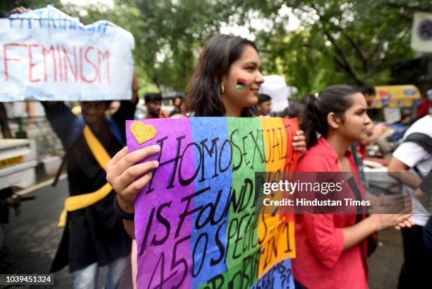 Students of Motilal Nehru College participate in a Pride March at Motilal Nehru College, South Campus on September 24, 2018 in New Delhi, India.