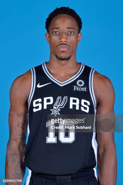 DeMar DeRozan of the San Antonio Spurs poses for a head shot during media day on September 24 at the Spurs practice facility in San Antonio, Texas....