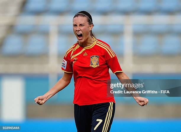 Gema Gili of Spain celebrates her first half goal during the FIFA U17 Women's World Cup match between New Zealand and Spain at the Ato Boldon Stadium...