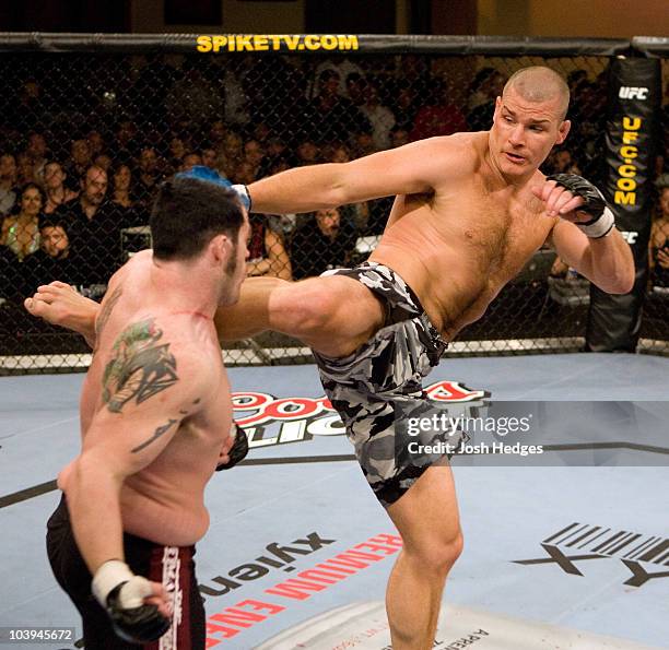 Michael Bisping kicks Josh Haynes at The Ultimate Fighter 3 Finale at the Joint at the Hard Rock on June 24, 2006 in Las Vegas, Nevada.