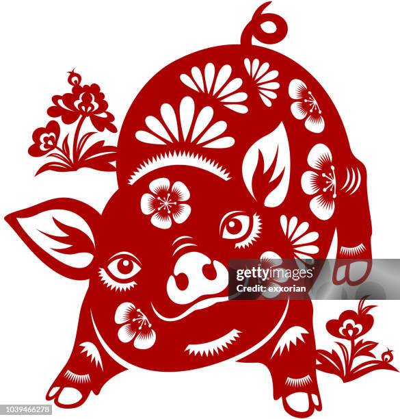 year of the pig papercut - chinese new year 2019 stock illustrations