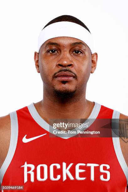 Carmelo Anthony of the Houston Rockets poses for a portrait during the Houston Rockets Media Day at The Post Oak Hotel at Uptown Houston on September...