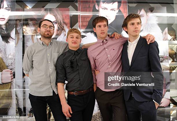 Edward Ibbotson, Dominic Sennet, Sam Fry and Micky Osment of the band Life In Film pose during the VOGUE Fashion's Night Out at the Burberry boutique...