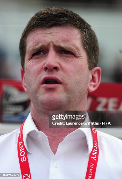 Dave Edmondson of New Zealand looks on during the FIFA U17 Women's World Cup match between New Zealand and Spain at the Ato Boldon Stadium on...